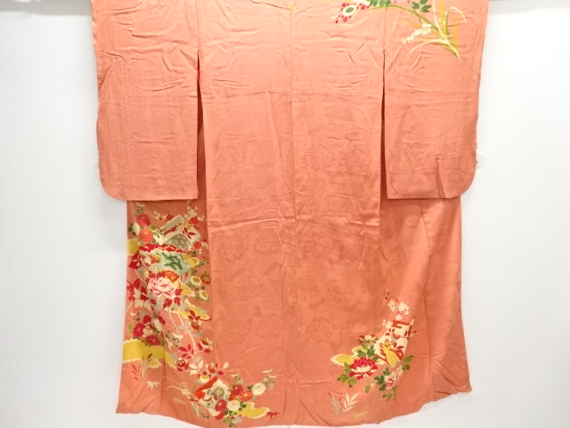 アンティーク　紋錦紗　檜扇に読み本・花模様刺繍一つ紋着物
